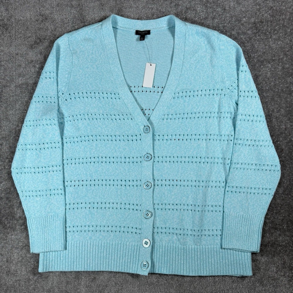 NWT Talbots Cardigan Women Large Petite Turquoise Pointelle Knit Feminine